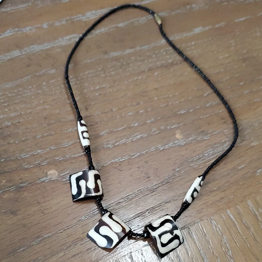 Elegant brown seed beaded necklace with brown,creme square wood accents